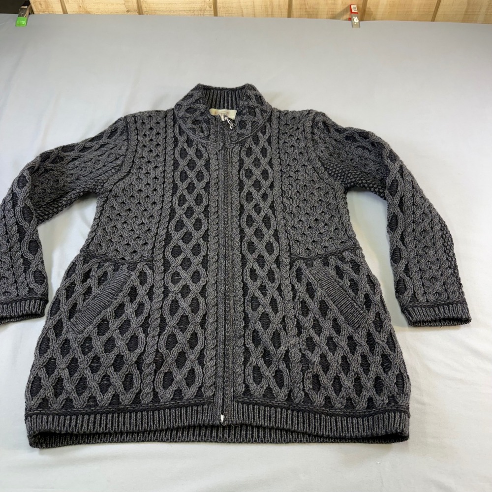 Aran Sweater Women's‎  L Charcoal Grey 100% Merino Wool Zip Cable Knit Cardigan